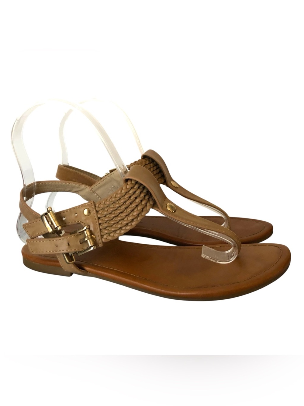 MIA Ivelise T-strap Thong Flat Sandals Women’s Tan & Gold Braided Ankle Strap 6